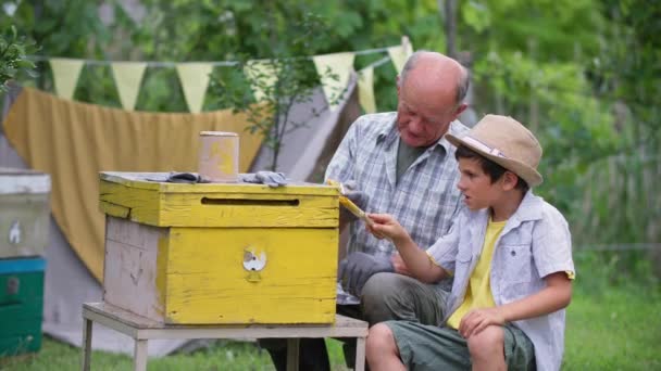 Мила чоловіча дитина допомагає діду пасічнику фарбувати вулик з жовтими фарбами, посміхатися, дивитися на камеру і вказати, сидячи на фоні зелених дерев — стокове відео