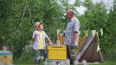 Çocukların gelişimi, yaşlı arı yetiştiricisi ve torunu sıcak bir günde bahçede fırça kullanarak boya kovanına boya sürerler.