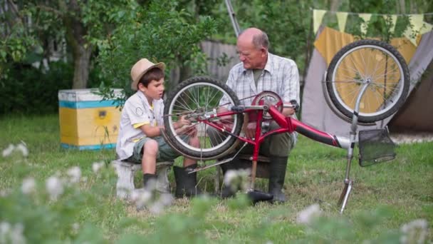 Sommarsemester, kärleksfull farfar har kommunikation med sitt barnbarn och reparerar hjul på cykel medan du sitter i trädgården bakgrund av träd — Stockvideo