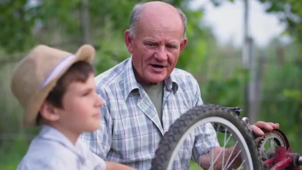 家族関係愛情のある祖父は緑の木の自転車を背景に男性の子供が車輪を修理するのを助け — ストック動画
