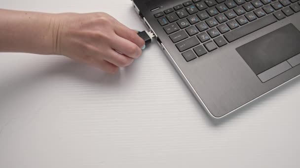 Manos femeninas conectado una unidad flash USB a un ordenador en un fondo de luz, primer plano — Vídeos de Stock