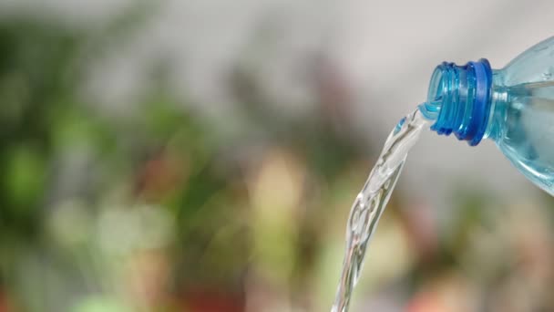 Agua fresca limpia está vertiendo un plástico con una botella azul transparente sobre un fondo verde, primer plano — Vídeos de Stock