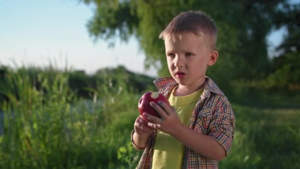 Düzgün beslenme, iştahlı aç küçük çocuk ağaçların arka planında dışarıda yürürken sulu olgun bir elmayı ısırır. — Stok video