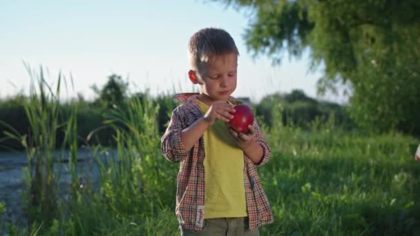 Küçük çocuk ağaçların ve sazlıkların arka planında dinlenirken sulu olgun bir elma yerken mutlu bir şekilde. — Stok video