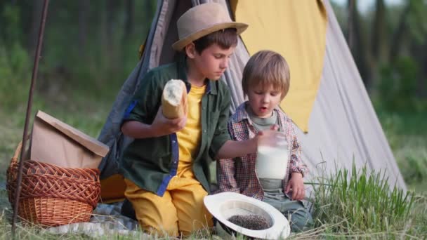 Bezstarostné dětství, radostné mužské děti pijí mléko na vrcholku a hrají si s ježkem v klobouku, zatímco sedí ve vigvamu v přírodě za letního večera — Stock video