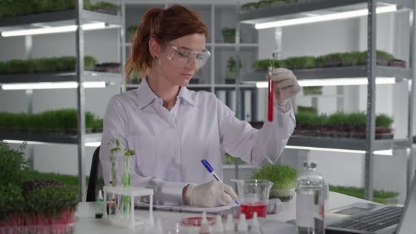 Laboratório de pesquisa biológica, mulher cientista examina planta em tubo de ensaio para mudas naturais e escreve observação em notebook — Vídeo de Stock