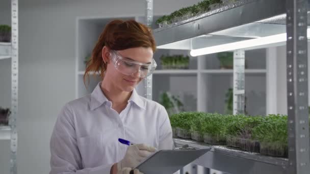 Biological laboratory, a female scientist with glasses examines the conditions of a young micro green in a container backdrop of shelves in a greenhouse — Stock Video