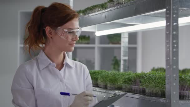 Portrait of female laboratory assistant examines micro-day in containers and records observation in notebook backdrop of shelves with seedlings in greenhouse — Stock Video