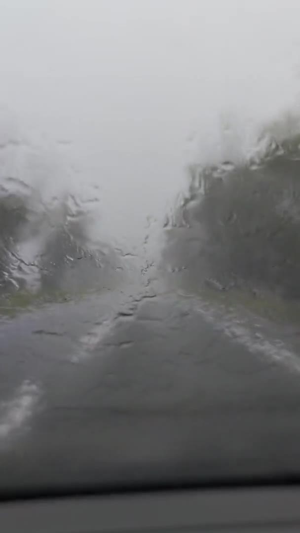 Κακή όραση για το αυτοκίνητο σε βροχερές καιρικές συνθήκες, υαλοκαθαριστήρας αφαιρέσετε τη βροχή από το παρμπρίζ, κάθετη βίντεο — Αρχείο Βίντεο