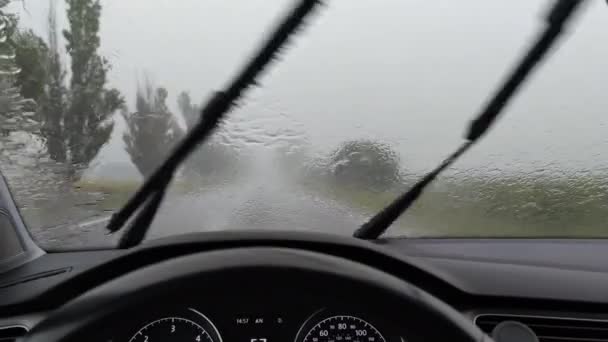 Μηχανή οδηγεί σε χαμηλή ταχύτητα μέσα από μια βαριά καταιγίδα στο δρόμο μεταξύ των δέντρων, οι υαλοκαθαριστήρες αφαιρούν τη βροχή από το παρμπρίζ σε αργή κίνηση — Αρχείο Βίντεο