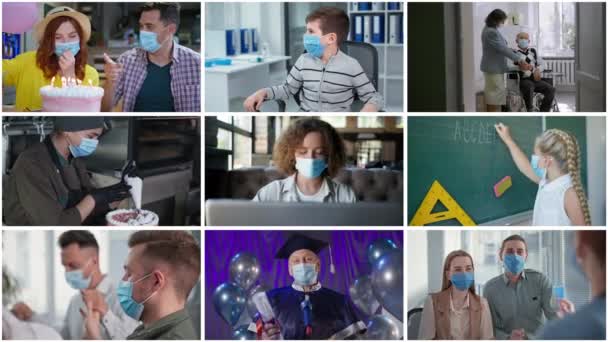 Karantänliv Collage Video Coronavirus Covid Pandemi Barn Ungdomar Och Pensionärer — Stockvideo