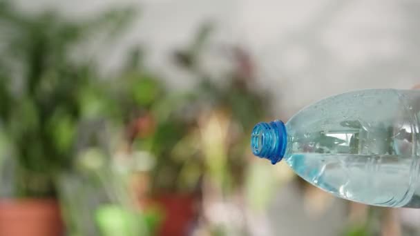 Water balance, drinking mineral water pouring from a plastic with a transparent blue bottle on a green background — Stock Video