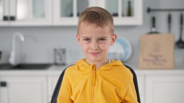 Πορτρέτο του χαμογελαστού μικρού αρσενικού παιδιού με κατσαρίδα στα χέρια του χαμογελώντας και κοιτάζοντας το φόντο κάμερα της κουζίνας — Αρχείο Βίντεο