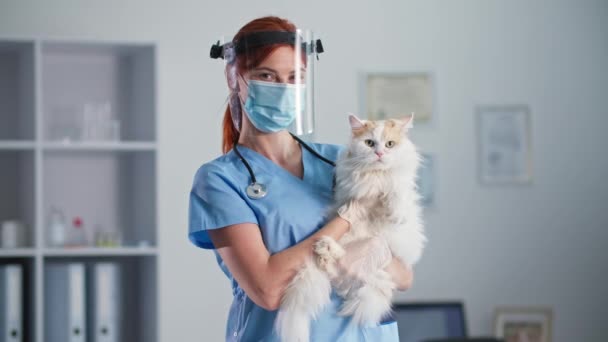 Junge Tierärztin mit medizinischer Maske und Gesichtsschutz, ein Haustier in der Hand, lächelnd und in die Kamera blickend — Stockvideo
