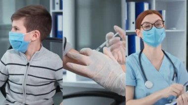 Tıbbi maskeli küçük bir çocuğun hastanede koronavirüs aşısı olurken çekilmiş çok ekran videosu, çocuk için aşı yapan doktorun elleri, hasta çocuk ve doktor portresi.
