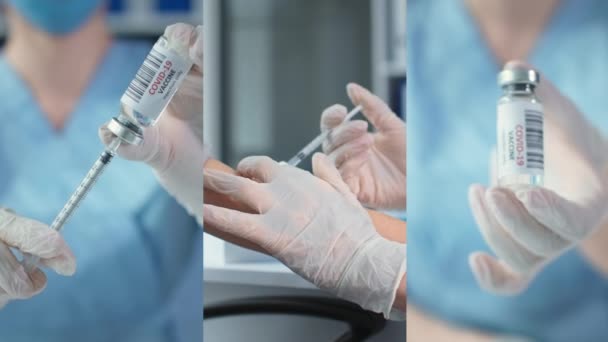 Коллаж врач вытягивает вакцину Ковид-19 из пузырька и наполняет шприц для инъекции, крупным планом рук сделать вакцинацию, медицинский флакон — стоковое видео