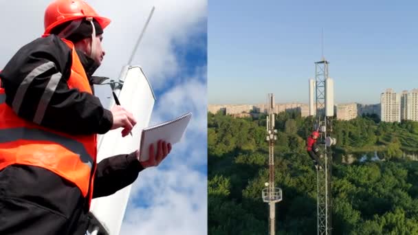 Kollázs mérnök egyenruha és sisak ellenőrzés berendezések kommunikációs torony jegyzetel, drón kilátás rádió mester munkák nagy magasságban a tv torony — Stock videók