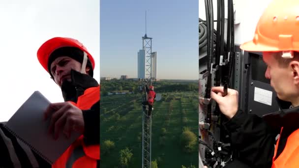 Multiscreen άνθρωπος στο κράνος που εργάζονται σε πύργο ραδιοτηλεπικοινωνιών, drone που φέρουν γύρω από repeater πύργο σταθμό βάσης, μηχανικός σε ομοιόμορφη κρατά σημειώσεις — Αρχείο Βίντεο