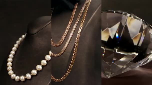Collage de regalos caros, elegante collar de perlas en el maniquí, mano en guante negro muestra joyas de oro en la tienda, enorme diamante de cristal artificial gira sobre un fondo oscuro — Vídeos de Stock