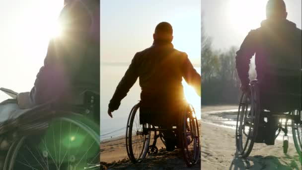 Collage persona disabili prega con una bibbia, l'uomo handicappato alza le mani al tramonto, giostre invalide sulla sabbia in sedia a rotelle — Video Stock