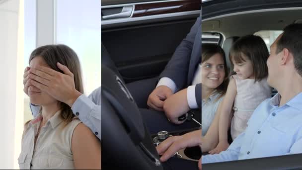 Kollázs férfi becsukja a szemét a kezét a feleség, hogy egy meglepetés, értékesítési menedzser átadja a kulcsokat, család boldog a vásárlás az új autó — Stock videók