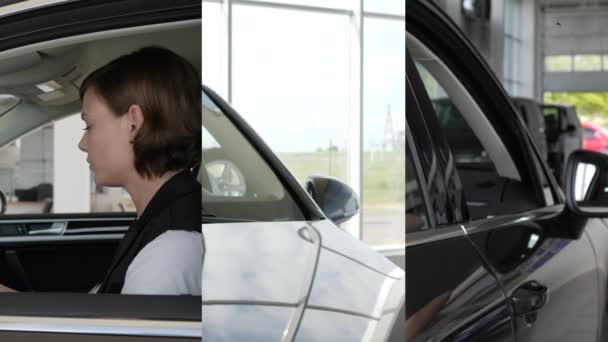 Multiscreen flicka sitter bakom ratten i en bil, kvinnlig köpare med nycklar, ung kvinna jublar vid nytt köp i en bilhandlare — Stockvideo
