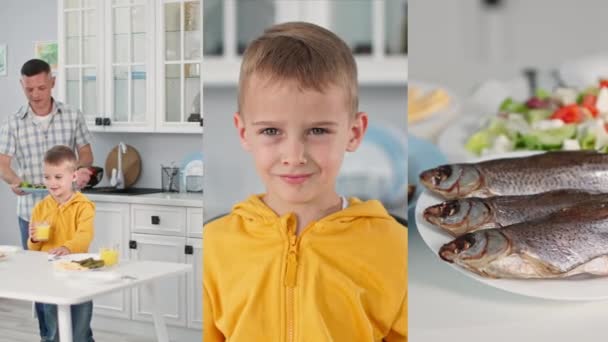 Collage opiekuńczy tata wraz z młodym synem zestaw stół do wspólnej kolacji, portret radosnego pięknego chłopca w kuchni, karaluchy morskie leży na talerzu — Wideo stockowe