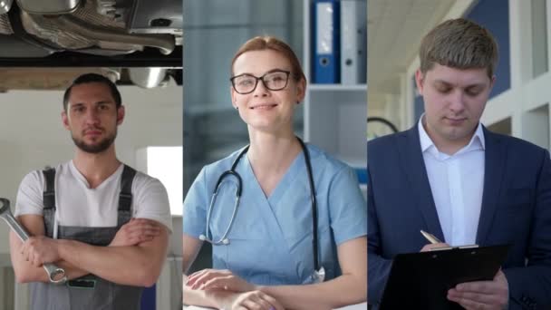 Écran multi de diverses personnes de différentes professions, mécanicien automobile avec clé à molette debout avec les mains croisées, médecin féminin dans les lunettes et uniforme bleu assis dans le bureau, homme d'affaires en costume — Video