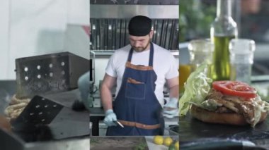 Çoklu ekranlı erkek elleri eldivenle et kızartır, bıçaklı adam mutfakta yemek keser, şef restoranda bir burger hazırlar.