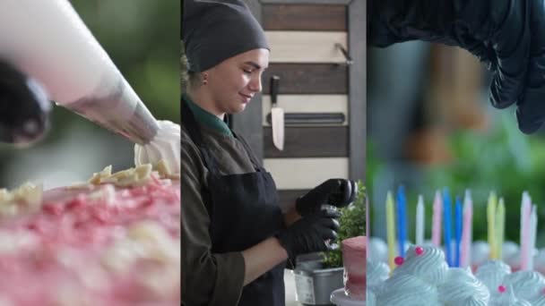 Multiscreen vertikální video šéfkuchař s taškou na pečivo vymačkává smetanovou náplň, žena v rukavicích posypává sladkým pečivem, domácí dort se svíčkami — Stock video