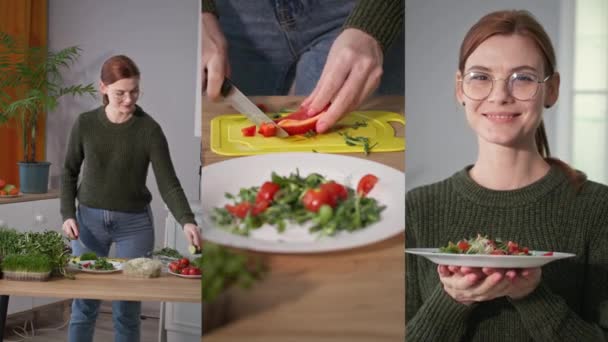 Collage flicka med kniv skär en gurka, paprika på en skärbräda, porträtt av ung kvinna med en tallrik med en nylagad sallad — Stockvideo