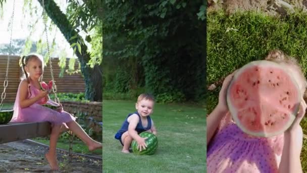 Многоэкранная беззубая маленькая девочка ест вкусную ягоду, мальчик катит большой арбуз на зеленой траве, счастливая девочка делает смешные лица перед камерой — стоковое видео