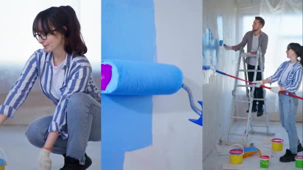 Collage dziewczyna w okularach wlewa farbę do tacy, zamyka rolki maluje ścianę niebieski, para robi naprawy w mieszkaniu razem — Wideo stockowe