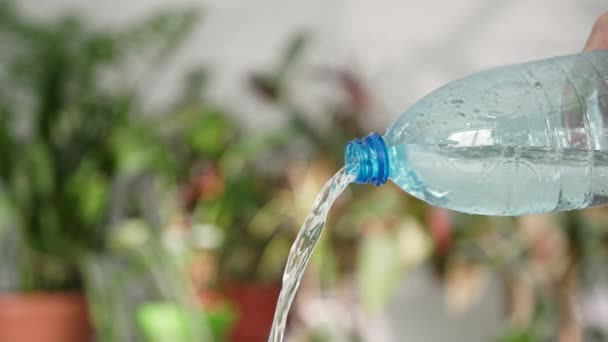 Pure cool water to quench thirst or water balance from a plastic bottle is poured into a glass, close-up — Stock Video