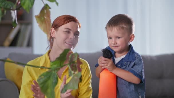 Souriant enfant mâle avec un pulvérisateur à la main aide sa mère à prendre soin des plantes d'intérieur et pulvérise de l'eau sur les fleurs pendant le temps de la famille à la maison — Video