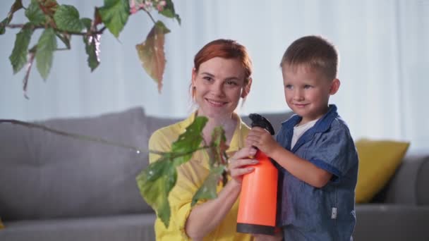 Entzückender Junge zusammen mit einer liebevollen Mutter wird Spaß haben und Zimmerpflanzen mit einem Pultilisator besprühen, während er sich zu Hause entspannt — Stockvideo
