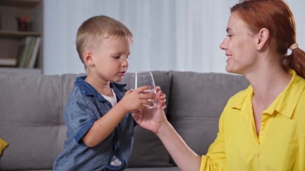 Μικρό χαριτωμένο αρσενικό παιδί με ευχαρίστηση σβήνει τη δίψα και δροσερό νερό από ένα διαυγές ποτήρι, ενώ κάθεται στον καναπέ στο δωμάτιο — Αρχείο Βίντεο