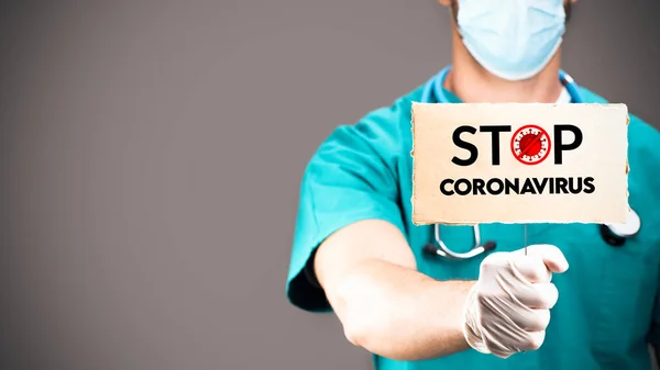 Stop Covid Concept Docteurs Tenant Coronavirus 2019 Ncov Stop Sign — Photo