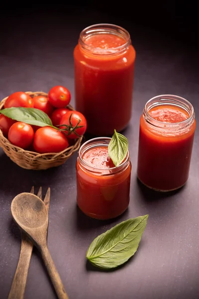 Tomatensaus Een Glazen Pot Close — Stockfoto