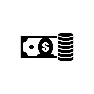 Para Para Yığını ile Dollar Banknote. Düz Vektör Simgesi illüstrasyonu. Beyaz arka planda basit bir siyah sembol. Web ve mobil UI ögesi için Para Bozuk Para Yığını işaret şablonu tasarım şablonu ile Dolar Banknote