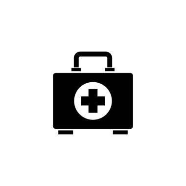 İlk yardım çantası, tıbbi acil durum kutusu. Düz Vektör Simgesi illüstrasyonu. Beyaz arka planda basit bir siyah sembol. İlk Yardım Kiti, Tıbbi Acil Durum Kutusu Web ve mobil UI ögesi için tasarım şablonu