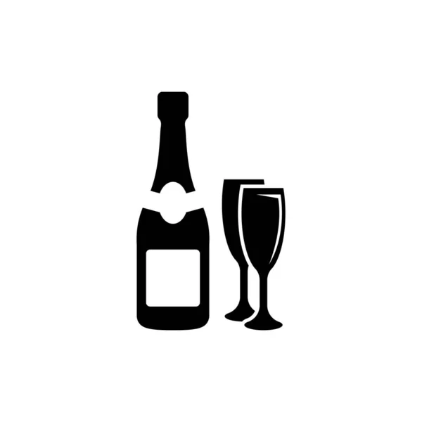 Botella Vino Champán Dos Copas Icono Vector Plano Ilustración Símbolo — Vector de stock