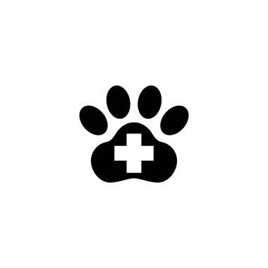 Paw First Aid Cross, Veteriner Kliniği. Düz Vektör Simgesi illüstrasyonu. Beyaz arka planda basit bir siyah sembol. Paw İlk Yardım Çapraz Veterinerlik Kliniği web ve mobil UI ögesi için işaret şablonu