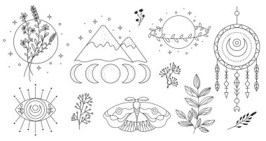 Sevimli güve, ay, çelenk, dallar ve dekorasyon için rüya yakalayıcı içeren boho elementler çizdim. Gizemli semboller. Bebek partisi, doğum günü, çocuk partisi, kıyafet baskıları, tebrik kartları için mükemmel.