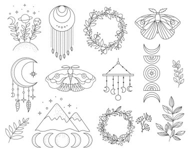 Sevimli güve, ay, çelenk, dallar ve dekorasyon için rüya yakalayıcı içeren boho elementler çizdim. Gizemli semboller. Bebek partisi, doğum günü, çocuk partisi, kıyafet baskıları, tebrik kartları için mükemmel.