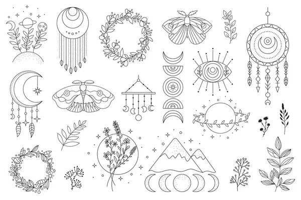 Sevimli güve, ay, çelenk, dallar ve dekorasyon için rüya yakalayıcı içeren boho elementler çizdim. Gizemli semboller. Bebek partisi, doğum günü, çocuk partisi, kıyafet baskıları, tebrik kartları için mükemmel.