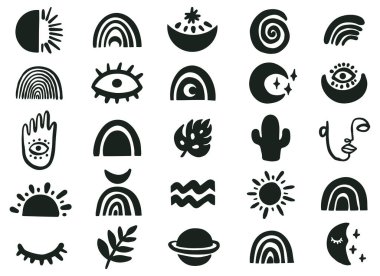 Süsleme için vektör eli çizilmiş boho elementleri. Bohem gizemli semboller. Giysi baskıları, sosyal ağlar tasarımı, tebrik kartları, simgeler için mükemmel