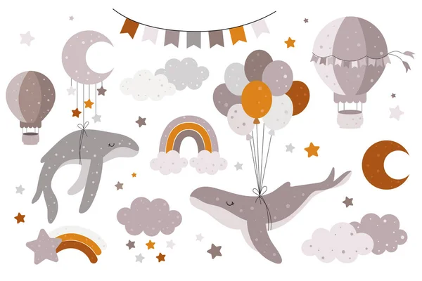 クジラ 熱気球 保育園の装飾のためのバンティングで手描きのコレクション 赤ちゃんのシャワー 誕生日 子供のパーティー 服のプリント グリーティングカードに最適です — ストックベクタ