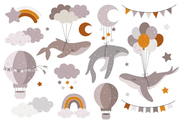 クジラ 熱気球 保育園の装飾のためのバンティングで手描きのコレクション 赤ちゃんのシャワー 誕生日 子供のパーティー 服のプリント グリーティングカードに最適です — ストックベクタ