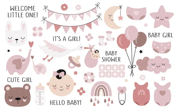 Collection Douche Bébé Dessinée Main Vectorielle Pour Fille Avec Des — Image vectorielle